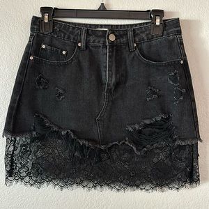 Black Denim Lace Destroyed Distressed Mini Skirt Small Mustard Seed